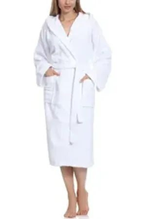 Ladeheid Bademantel Damen Frottee Bademantel aus 100% Baumwolle LA40-193, Langform, Baumwolle, Kapuze weiß XXL