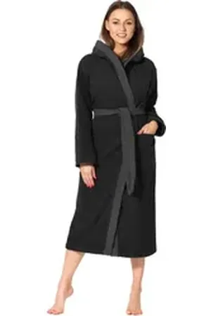 Ladeheid Bademantel Damen Frottee Bademantel aus 100% Baumwolle LA40-191, Langform, Baumwolle, Kapuze grau|schwarz S