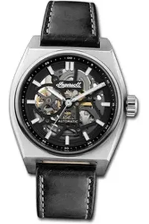 INGERSOLL 1892 Quarzuhr Herrenuhr Leder schwarz, (Analoguhr), Herrenuhr Lederarmband schwarz, eckiges Gehäuse, groß (ca. 43mm) schwarz