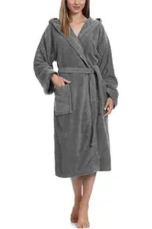 Ladeheid Bademantel Damen Frottee Bademantel aus 100% Baumwolle LA40-193, Langform, Baumwolle, Kapuze grau L