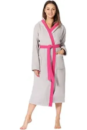 Ladeheid Bademantel Damen Frottee Bademantel aus 100% Baumwolle LA40-191, Langform, Baumwolle, Kapuze grau|rosa L