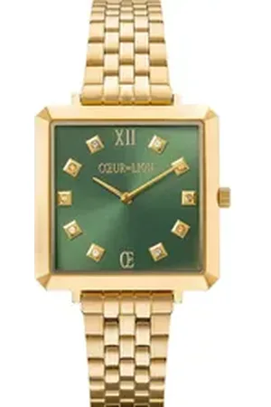 COEUR DE LION Quarzuhr Iconic Square Glamorous Green 7632/73-1605, Armbanduhr, Damenuhr, Edelstahlarmband, analog, Glaskristalle goldfarben