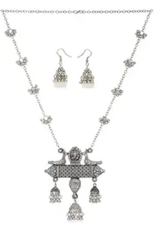Shining Diva Schmuckset Oxidiert Afghani Lange Kette Anhänger Halskette Set, Mit Ohrringe (Modischer Kunstschmuck, Für Frauen & Mädchen, Geeignet für alle Anlässe) silberfarben