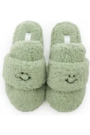 Lara Lauren Warme Kuschelslipper Plüsch Hausschuhe gemütliche Pantoletten mit Smiley-Stitching grün 38/39
