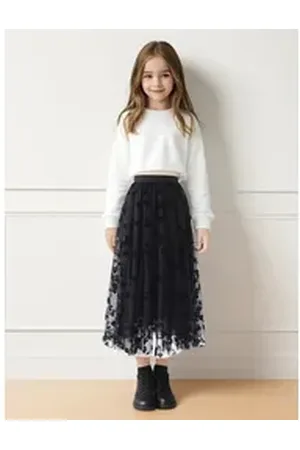 DEBAIJIA Meshrock TüllRöcke für Mädchen Floral Gedruckt Elegant Lässig Sommer schwarz