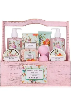 accentra Pflege-Geschenkset Beauty Geschenkset für Frauen "Vintage Holzbox" in dekorativer Holzbox, im Landhaus-Stil-Holz Kopb rosa