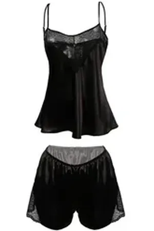 DKaren Pyjama Nachtwäsche-Set mit weicher Spitze in edlem Satin-Look, kurz Damen schwarz XL