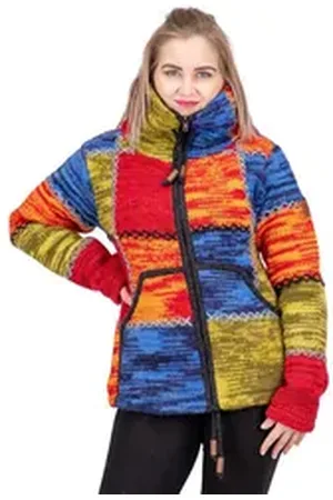 Kunst und Magie Strickjacke Damen Strickjacke Wolle Bunte Patchwork Jacke+Fleecefutter&Hochkragen 3XL