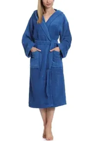 Ladeheid Bademantel Damen Frottee Bademantel aus 100% Baumwolle LA40-193, Langform, Baumwolle, Kapuze blau XL