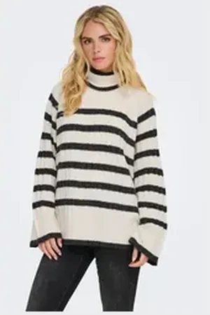 JACQUELINE DE YONG Strickpullover Pullover Knit it Rollkragen Langarm Lang JDYMILEY L/S LONG STRIPE PULLOV KNT NOOS beige XL-XXL