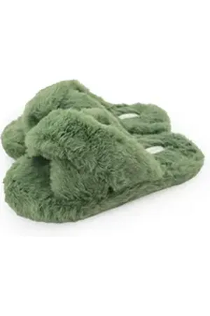 Lara Lauren Stylische Slipper aus Webpelz Plüsch Hausschuhe rutschfeste Pantoletten grün 38/39