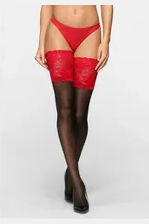 Lascana Halterlose Feinstrümpfe mit breitem Spitzenband in 20 DEN rot|schwarz 32-34