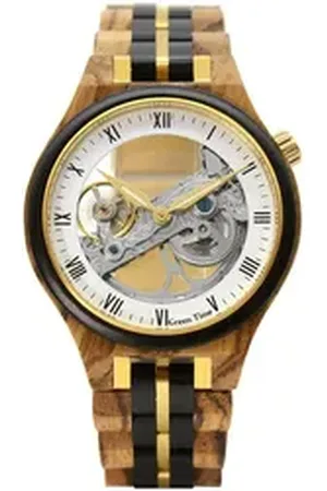 Green Time Automatikuhr ZW171D, Armbanduhr, Herrenuhr, Holzuhr, Leuchtzeiger goldfarben