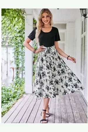 DEBAIJIA Dirndl Damen Röcke Sommer Floral Gedruckt Elegant Lässiger schwarz|weiß