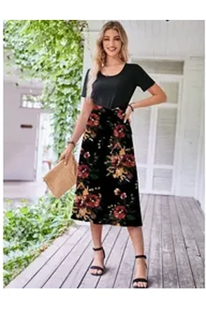 DEBAIJIA Dirndl Damen Röcke Sommer Floral Gedruckt Elegant Lässiger braun|schwarz