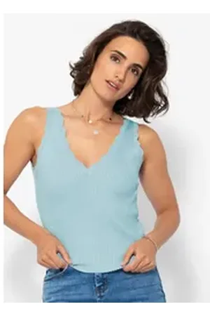SASSYCLASSY Stricktop Figurbetontes Strick-Top Damen mit V-Ausschnitt Top in Rippstruktur mit Bogendetails Schwarz Beige Weiß Blau blau L/XL