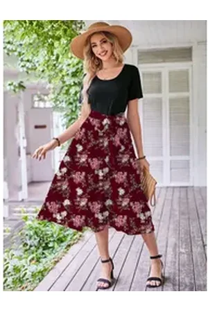 DEBAIJIA Dirndl Damen Röcke Sommer Floral Gedruckt Elegant Lässiger rot