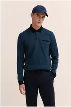 Bugatti Langarm-Poloshirt mit Strukturkragen blau 4XL
