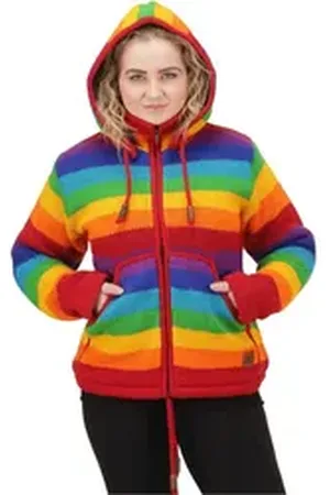 Kunst und Magie Kapuzenstrickjacke Damen Regenbogen Strickjacke Wolle +Fleecefutter&abnehmbarer Kapuze bunt 42