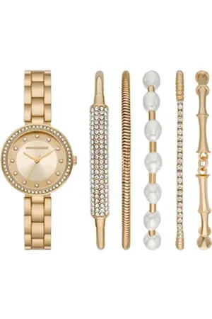 Skechers Quarzuhr BRACELET GLITZ SET SR9084, (Set, 6-tlg., mit 5 Schmuckarmbändern), Armbanduhr, Damenuhr, Ideal auch als Geschenk, analog, Glassteine goldfarben