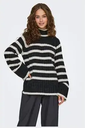 JDY JACQUELINE de YONG Strickpullover Pullover Knit it Rollkragen Langarm Lang MILEY L/S LONG STRIPE PULLOV KNT NOOS grau XL-XXL