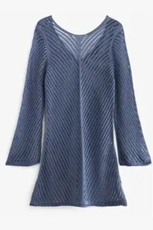 Next Strandshirt Strickponcho mit Häkelbesatz – Kurzgröße (1-tlg) blau XL (Kurzgröße)