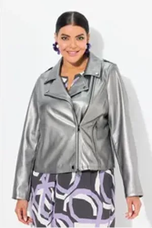 Ulla Popken Sommerjacke Bikerjacke Lederoptik Reverskragen Komplettfutter grau|silberfarben 58/60