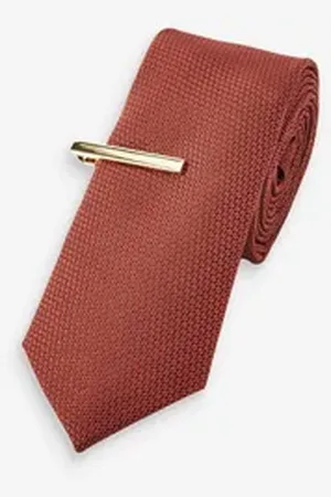 Next Krawatte Schmale Krawatte aus Recyclingpolyester + Klammer (2-St) orange ONE
