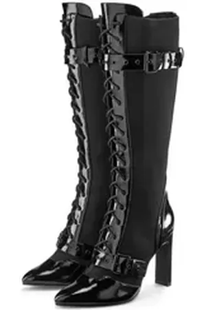 Lascana Belle Affaire Schnürstiefel mit elastischem Schaft High-Heel-Stiefel Erotische Lack-Optik, High-Heel-Stiefelette schwarz 41 EU
