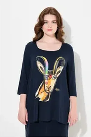 Ulla Popken T-Shirt Shirt Tiermotiv A-Linie Carree-Ausschnitt 3/4-Arm schwarz 54/56