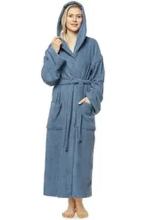 Arus Damenbademantel Astra, 100% Baumwolle, mit Kapuze, wadenlang oder extra lang, 100% Baumwolle blau|grau XL