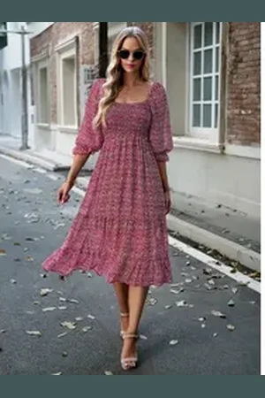 DEBAIJIA Dirndl Sommerkleid Damen Frauen Bedruckter Kleid 3/4 Hülse Lässiger rot XL
