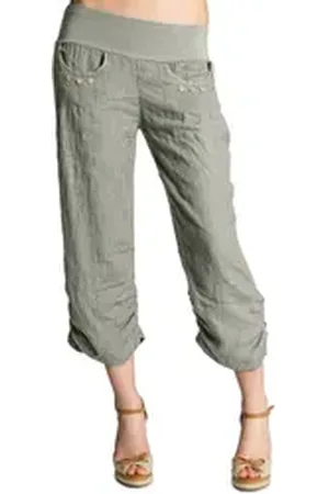 CASPAR Leinenhose KHS017 Damen 3/4 Hose aus robustem Leinen mit breitem Stretch Bund - Made in Italy grau S - DE36 UK8 IT40 ES38 US6