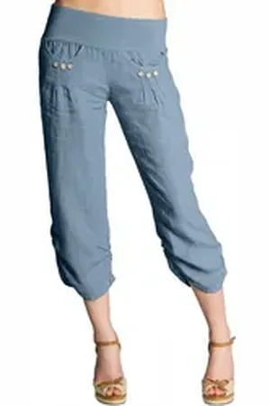 CASPAR Leinenhose KHS017 Damen 3/4 Hose aus robustem Leinen mit breitem Stretch Bund - Made in Italy blau XS - DE34 UK6 IT38 ES36 US4