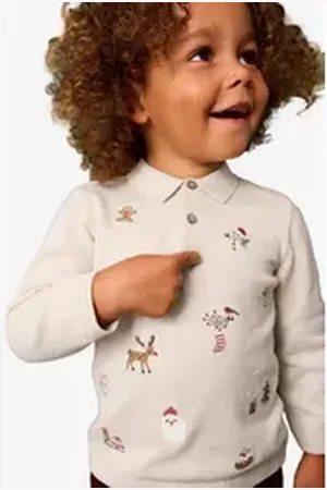 Next Langarm-Poloshirt Langärmeliges Poloshirt mit Weihnachtsmotiv (1-tlg) beige 62-68 (3-6 Mon,)