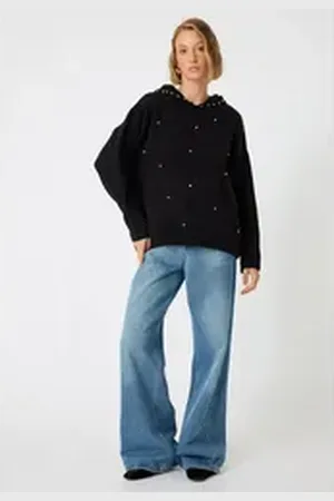 Koton Kapuzenpullover Kapuzenkragen Mit Steindetails schwarz XL
