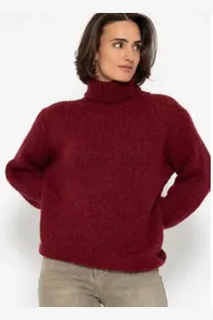 SASSYCLASSY Strickpullover Oversize Pullover Damen Winter mit Rollkragen Rollkragenpullover aus weichem Strick Elegant Schwarz Beige Rot Grau beige|rot S/M