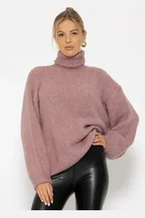 SASSYCLASSY Strickpullover Oversize Pullover Damen Winter mit Rollkragen Rollkragenpullover aus weichem Strick Elegant Schwarz Beige Rot Grau beige|rosa S/M