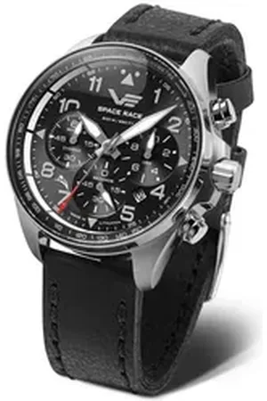 Vostok Chronograph Space Race Herrenuhr Schwarz Lederband 46 mm 325A741-L, Herrenarmbanduhr mit schwarzem Lederband