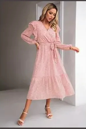 DEBAIJIA Dirndl Langärmeliges Kleid Damen V-Ausschnitt Blumenmuster Freizeit rosa S
