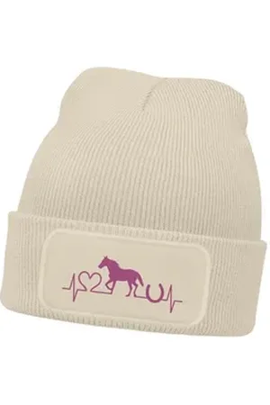 MoonWorks Bommelmütze Wintermütze Kinder Beanie für Mädchen Reiten Herzschlag Pferd mit beige