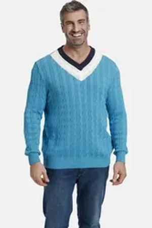 Charles Colby V-Ausschnitt-Pullover EARL HAILY im stylischen Zopfmuster blau 4XL (68/70)