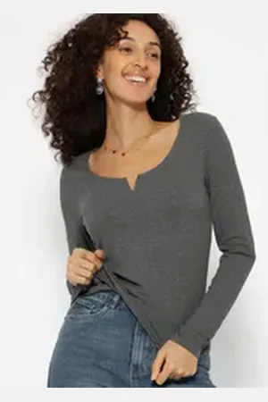 SASSYCLASSY Longshirt Geripptes Langarmshirt Damen mit V-Ausschnitt Shirt mit V-Detail Elegant Figurbetonte Passform Weiß Schwarz Grau grau XL