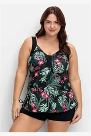 Sheego Tankini-Top Große Größen, mit Tropenprint und seitlicher Raffung schwarz 56