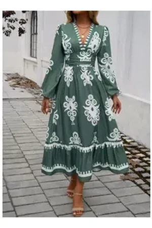 DEBAIJIA Dirndl Langärmeliges Kleid Damen Bedrucktes V-Ausschnitt Freizeit grün L