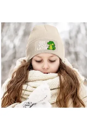 MoonWorks Bommelmütze Wintermütze Kinder Beanie für Mädchen mit Patch Aufdruck Spruch beige