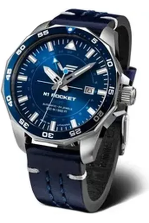 Vostok Automatikuhr GMT Rocket N1 – 46 mm Edelstahlgehäuse, blaues Lederarmband 225A712-L