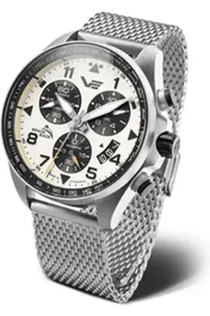 Vostok Chronograph Space Race Herrenuhr 46 mm Herren Armbanduhr 325A743B, mit altweißem Zifferblatt & Edelstahlarmband