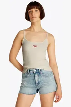 Tommy Hilfiger Spaghettitop TJW SCRIPT STRAPPY TOP in Rippoptik, mit Logoschriftzug weiß L (40)