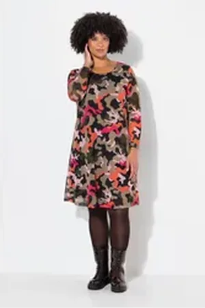 Angel of Style Angel of Style Jerseykleid Meshkleid Camouflage Raffnungen Langarm grau|grün 48